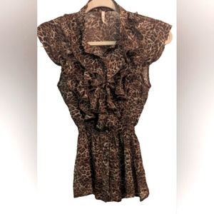 EUC Myth sheer leopard print ruffle front cap sleeve  button down 2 inch smocked